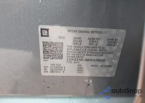 2019 GMC Yukon Xl Denali z USA, uszkodzony, nr VIN 1GKS1HKJ6KR376618